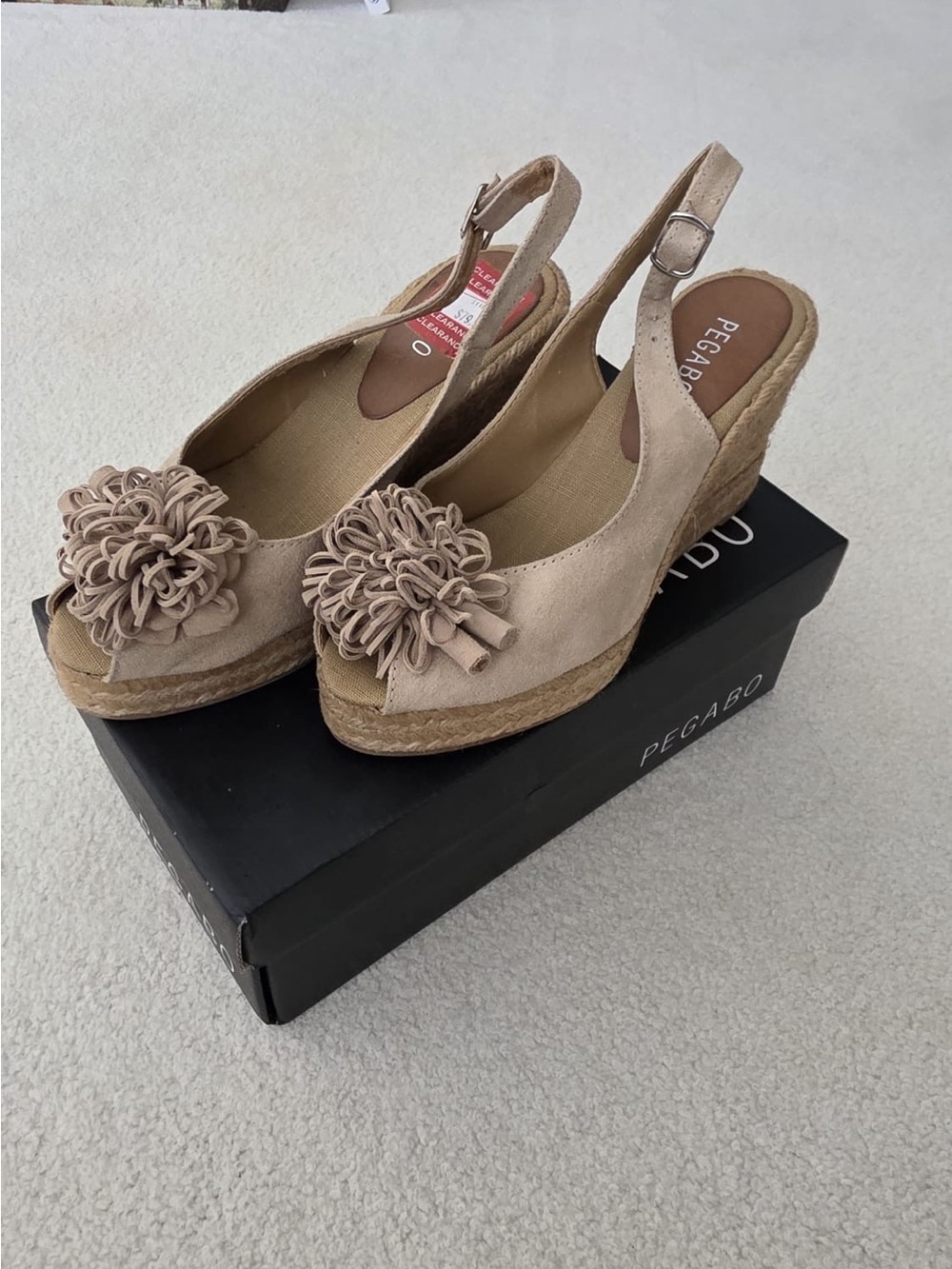 Pegabo Taupe Espadrille Wedge Slingback Sandals with Floral Accent